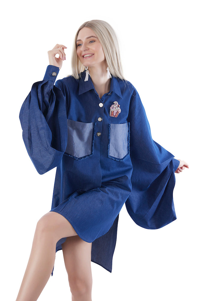 Balloon Sleeves Denim Shirt Dress