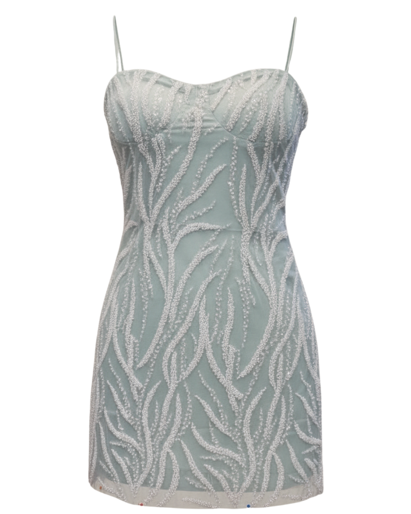 Icy Blue Beaded Corset Mini Dress – Sweetheart Neckline & Spaghetti Straps