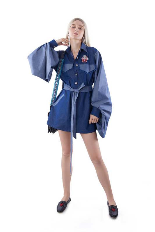 Color Block Denim Shirt dress With Belt