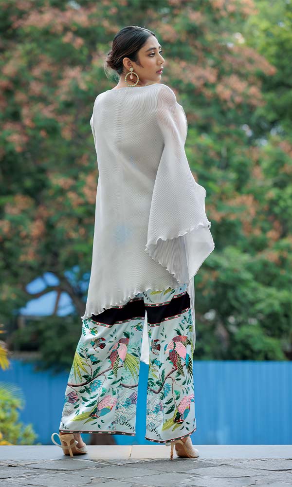 Asymmetrical Micro Pleated Tunic With Printed Relaxed Pants