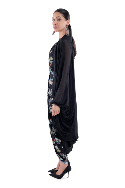 Printed Sky Blue/ Black Draped Skirt Dress With Cape