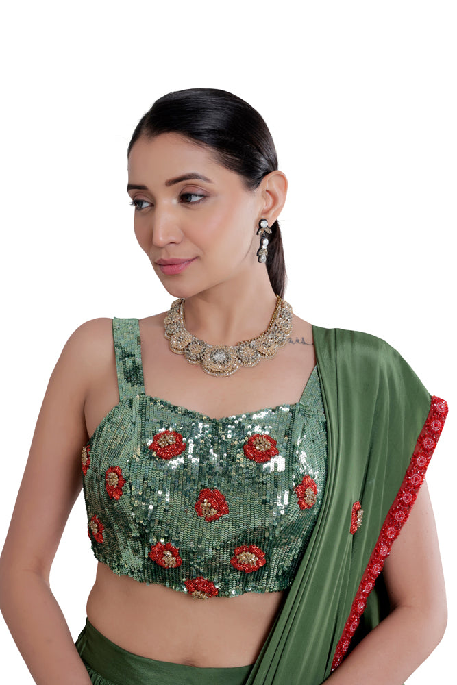 Silk Green Saree & Hand Embroidered Blouse