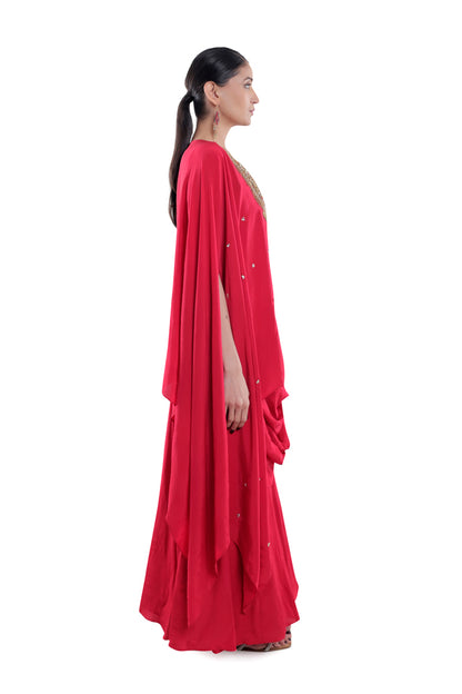 Red Embroidered Silk Drape Skirt Set