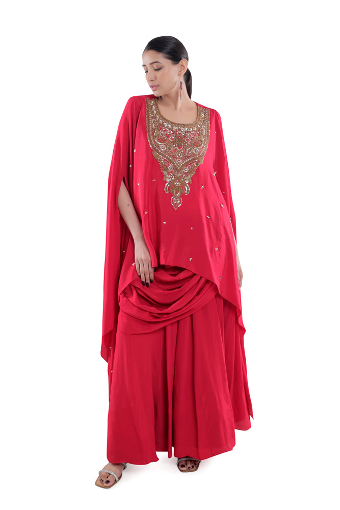 Red Embroidered Silk Drape Skirt Set