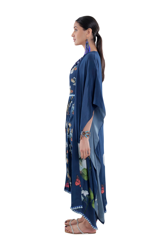 Floral Printed Draped Dress With Cape