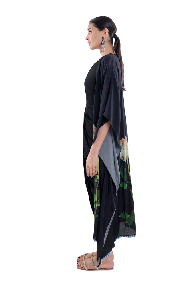 Black Draped Dress & Printed Kaftan Styled Cape