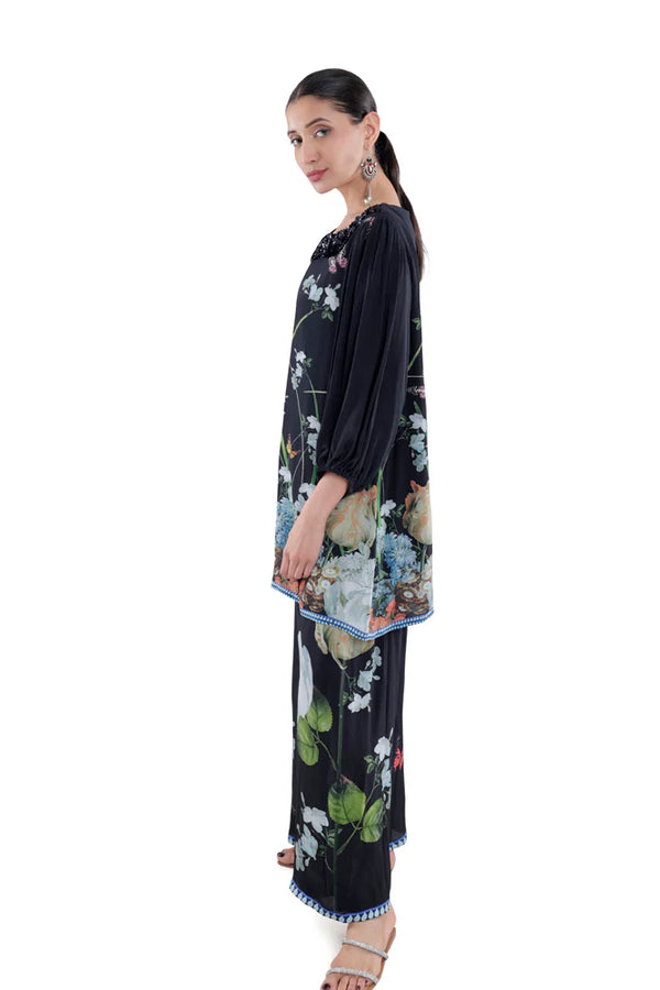 Floral Printed Silk Balloon Sleeve in Black/White/Blue Co-ord Sets
