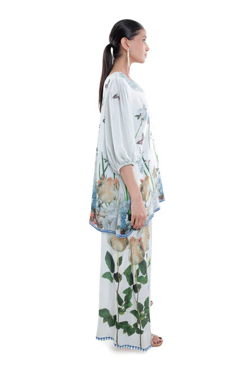 Floral Printed Silk Balloon Sleeve in Black/White/Blue Co-ord Sets