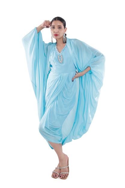 Sky Blue Embroidered Dress With Ruched Cape