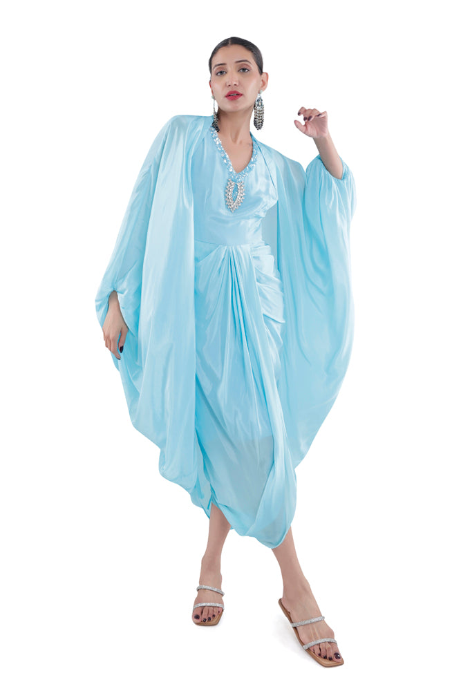 Sky Blue Embroidered Dress With Ruched Cape