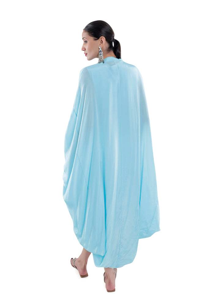 Embroidered Dress in Sky Blue/ Peach/ Aqua Blue  colours With Ruched Cape