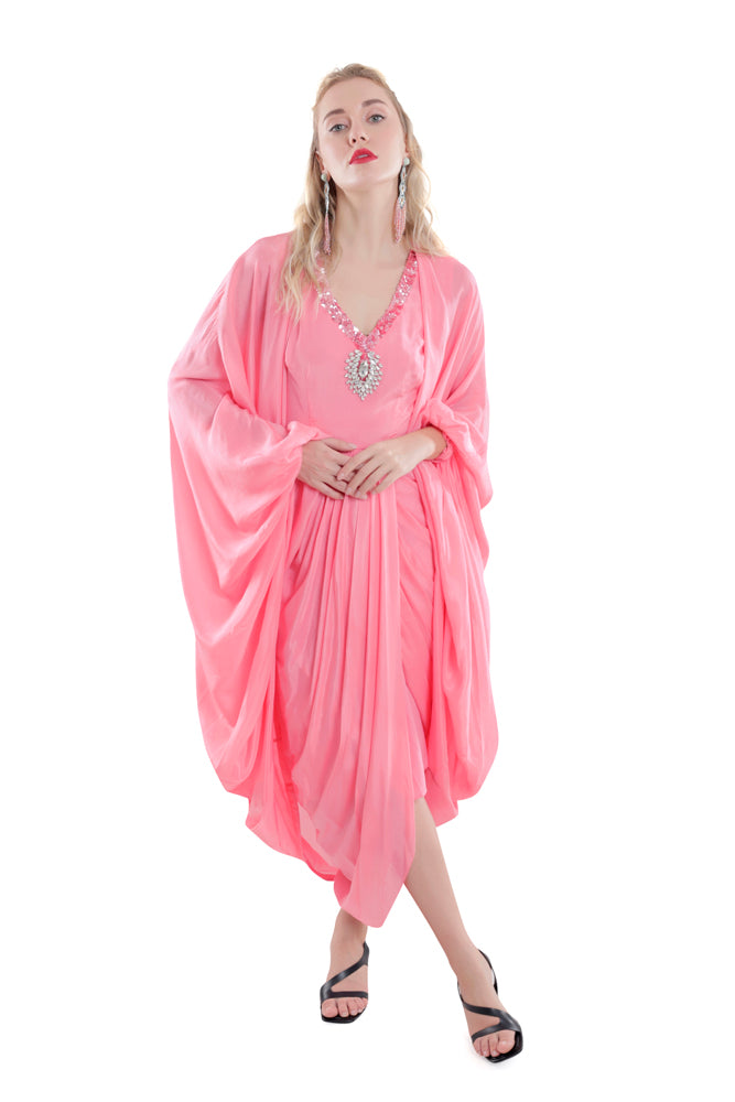 Peach Embroidered Draped Dress With Ruched Cape