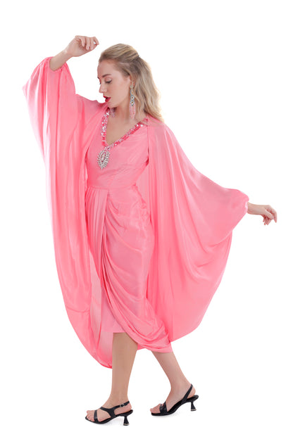 Peach Embroidered Draped Dress With Ruched Cape