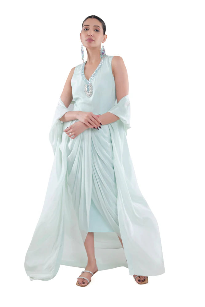Embroidered Dress in Sky Blue/ Peach/ Aqua Blue  colours With Ruched Cape
