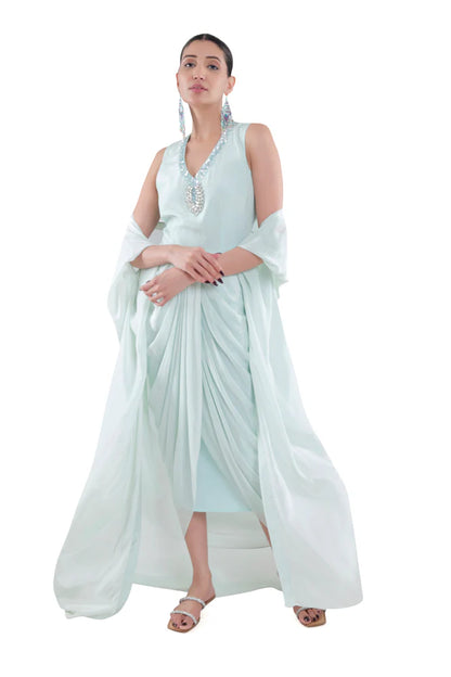 Embroidered Dress in Sky Blue/ Peach/ Aqua Blue  colours With Ruched Cape