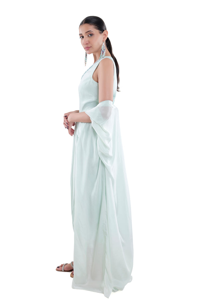 Embroidered Draped Dress With Ruched Cape