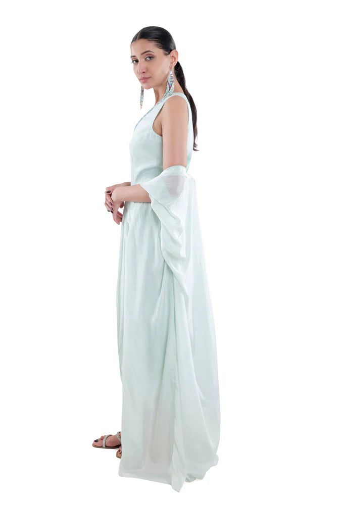 Embroidered Dress in Sky Blue/ Peach/ Aqua Blue  colours With Ruched Cape