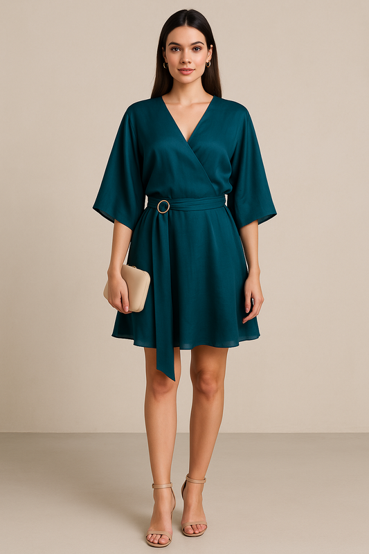 Deep Teal Japanese Chiffon Mini Wrap Dress with Kimono Sleeves and Adjustable Belt