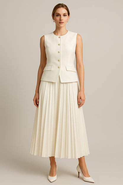 Ivory Pleated Skirt with Tailored Vest Co-ord Set in Soft Georgette
