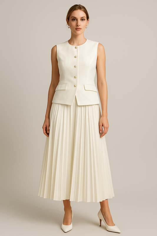 Ivory Pleated Skirt with Tailored Vest Co-ord Set in Soft Georgette