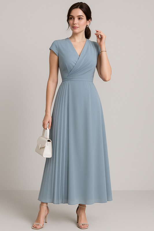 Dusty Blue Pleated Asymmetric Wrap Midi Dress with Cap Sleeves