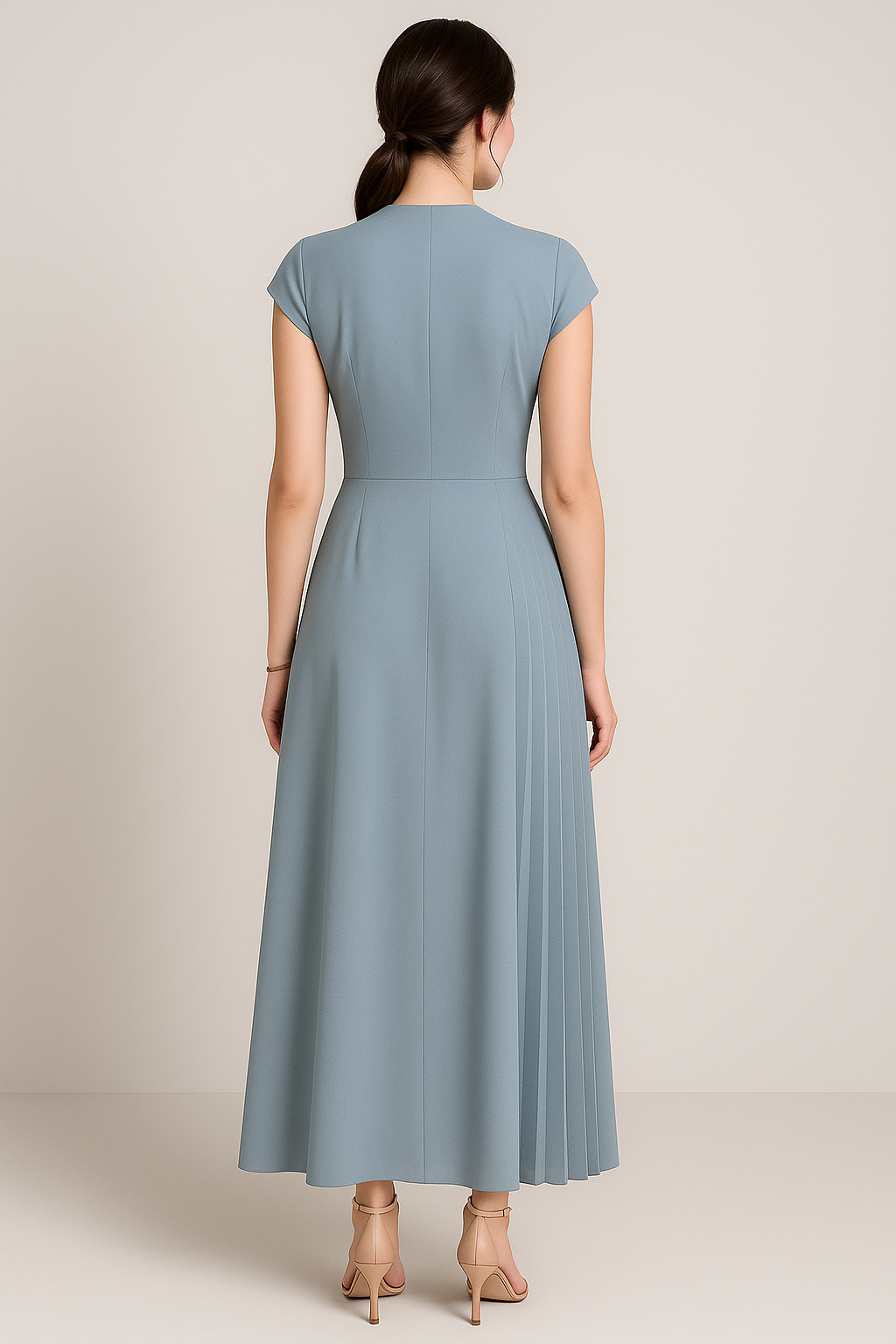 Dusty Blue Pleated Asymmetric Wrap Midi Dress with Cap Sleeves