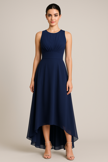 Midnight Blue High-Low Chiffon Evening Dress with Back Open