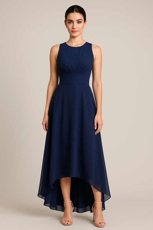 Midnight Blue High-Low Chiffon Evening Dress with Back Open