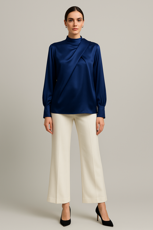 Midnight Blue Heavy Satin High-Neck Blouse with Asymmetric Draped Panel and Bishop Sleeves