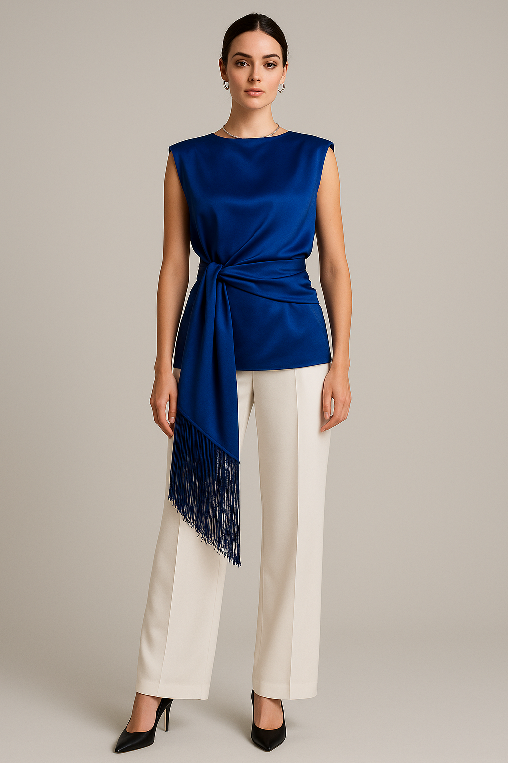 Royal Blue Heavy Satin Sleeveless Blouse with Detachable Waist Tie and Fringe Tassels