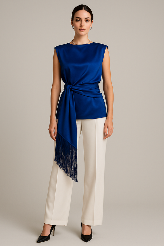 Royal Blue Heavy Satin Sleeveless Blouse with Detachable Waist Tie and Fringe Tassels