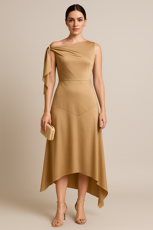 Sandstone Gold Satin Asymmetric Cold Shoulder Calf-Length Dress with Draped Detail