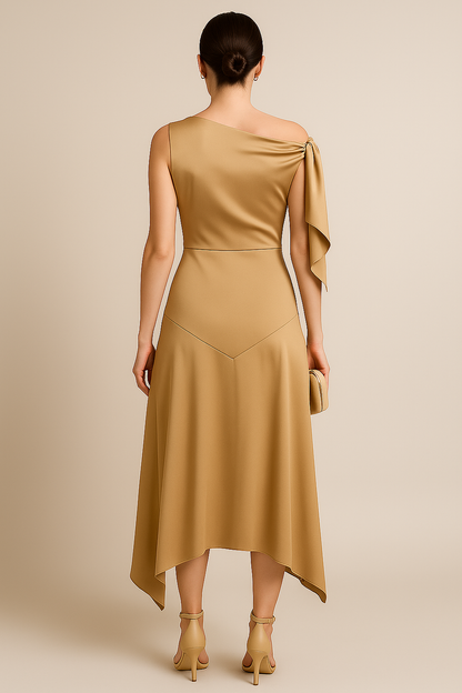 Sandstone Gold Satin Asymmetric Cold Shoulder Calf-Length Dress with Draped Detail