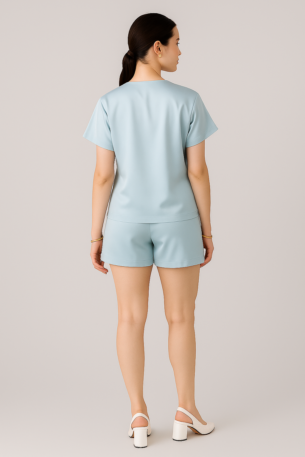 Powder Blue Satin Short Co-ord Set with Wrap V-Neck and Kimono Sleeves