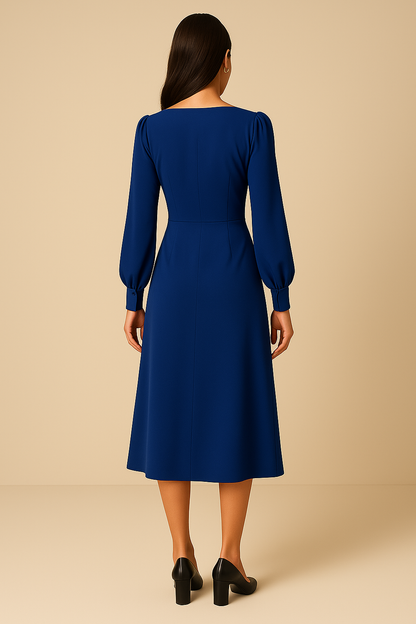 Royal Blue Satin Midi Dress with Twist-Draped Bodice and Side Slit