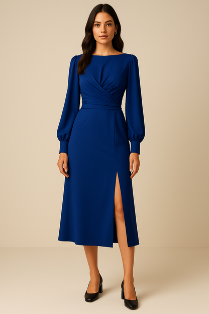 Royal Blue Satin Midi Dress with Twist-Draped Bodice and Side Slit