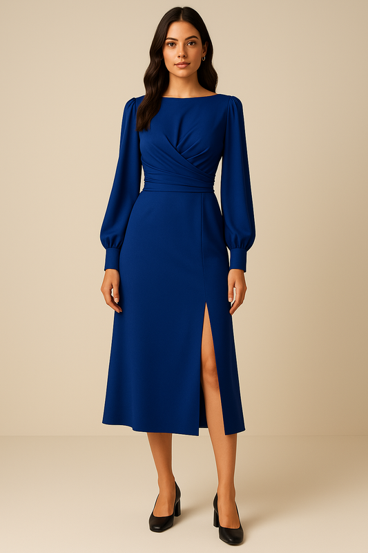 Royal Blue Satin Midi Dress with Twist-Draped Bodice and Side Slit
