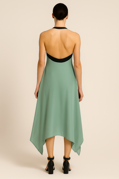 Mint Green & Black Satin Halter Neck Midi Dress with Handkerchief Hem