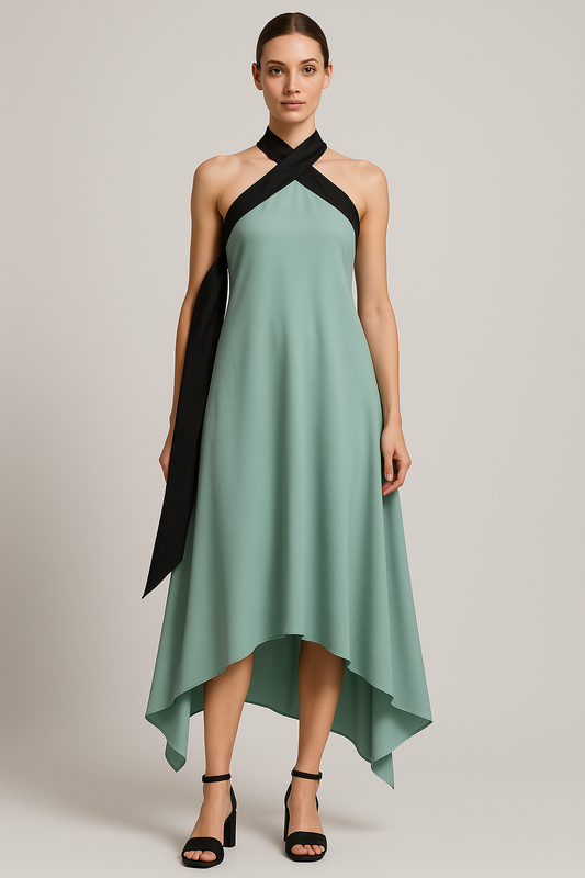 Mint Green & Black Satin Halter Neck Midi Dress with Handkerchief Hem