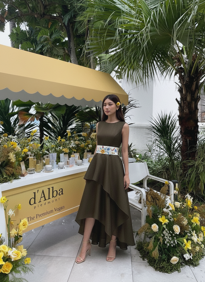 Asymmetric 2 tier embroidered belt dress