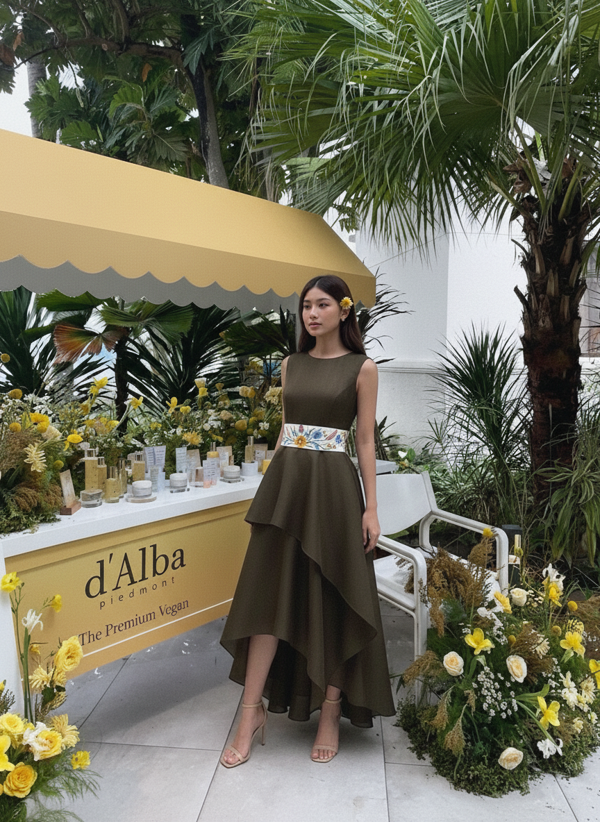 Asymmetric 2 tier embroidered belt dress