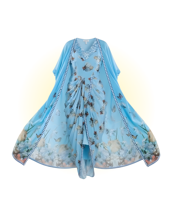 Embroidered Dress in Sky Blue/ Peach/ Aqua Blue  colours With Ruched Cape