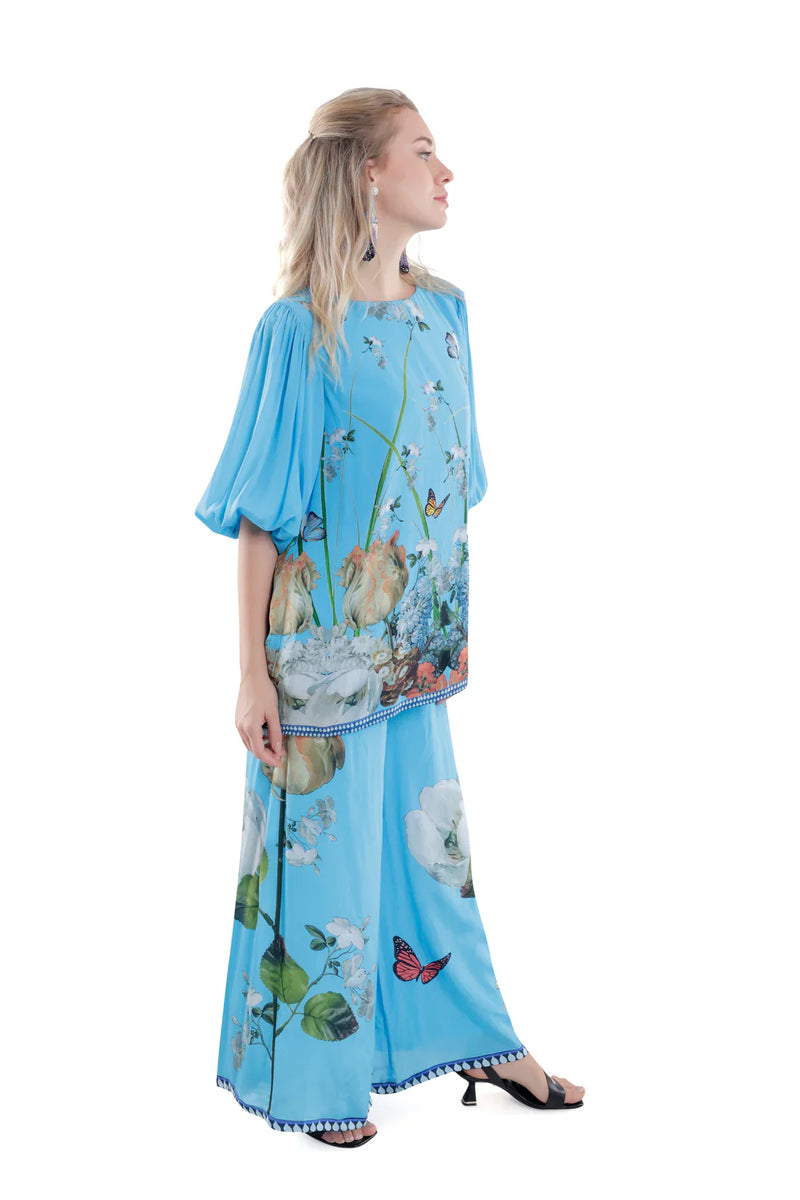 Floral Printed Silk Balloon Sleeve in Black/White/Blue Co-ord Sets