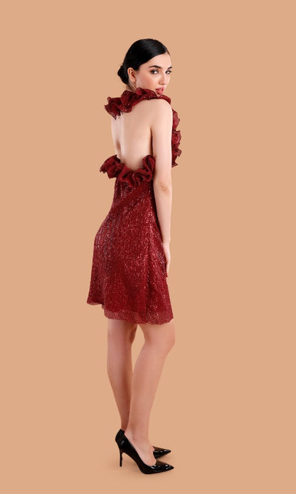 Red Sequin Halter Neck Dress