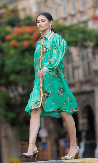 Teal Shirt Dress With Balloon Sleeves