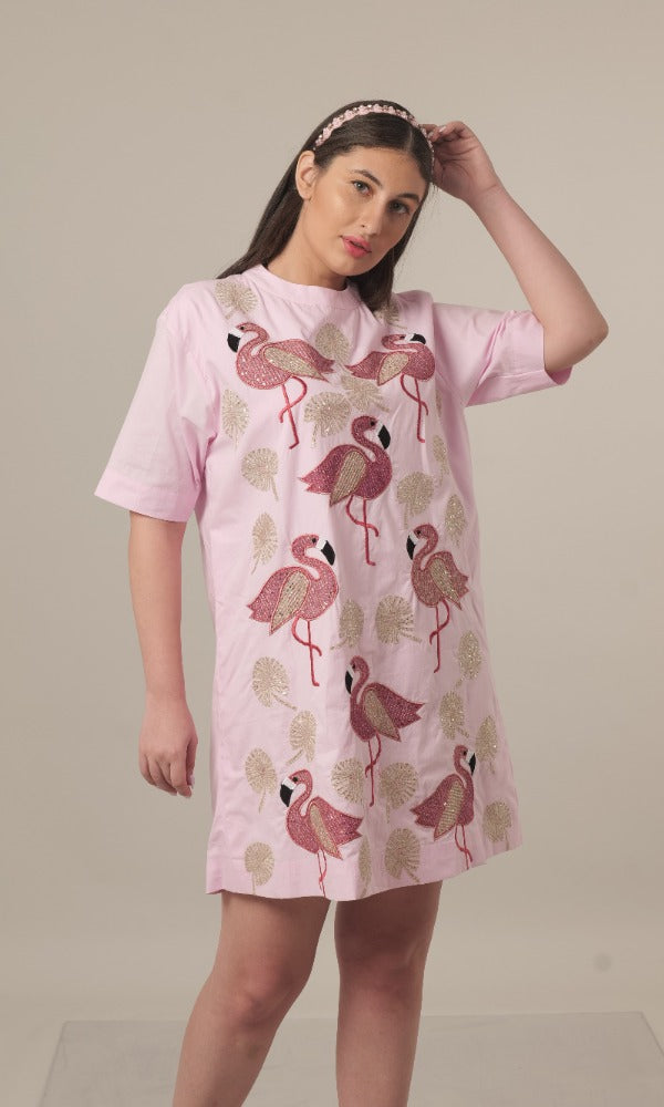 Flamingo Embroidered Dress