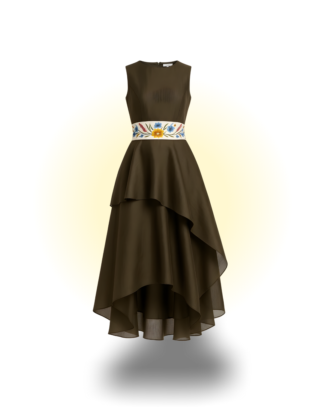 Asymmetric 2 tier embroidered belt dress