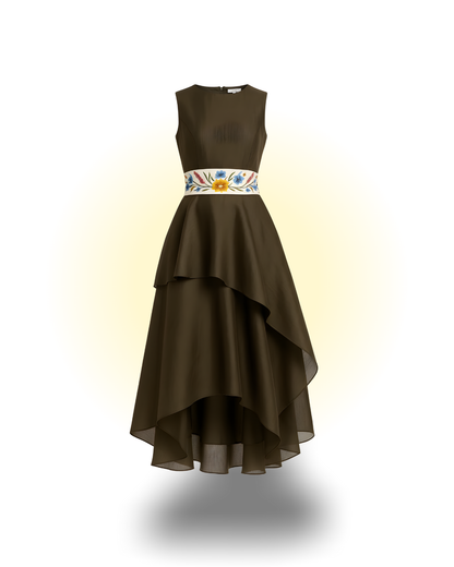 Asymmetric 2 tier embroidered belt dress