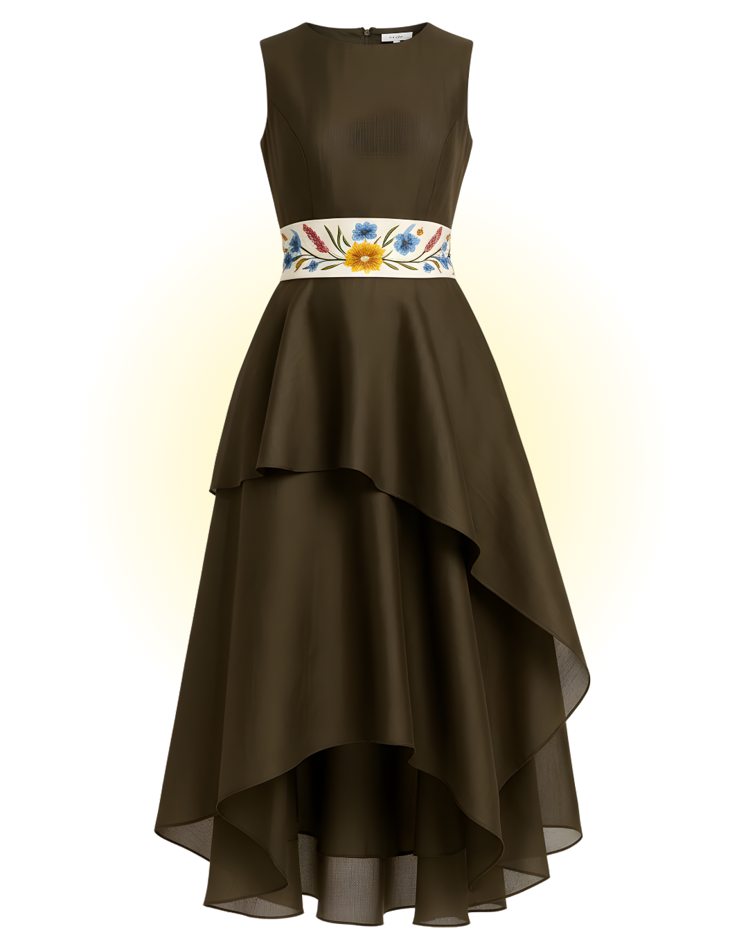 Asymmetric 2 tier embroidered belt dress