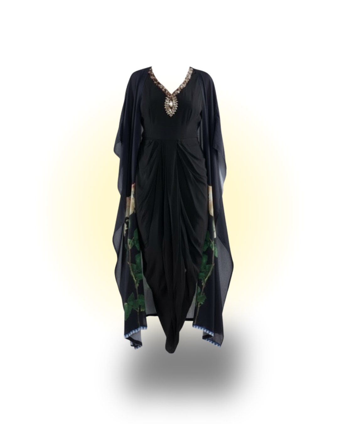 Black Draped Dress & Printed Kaftan Styled Cape